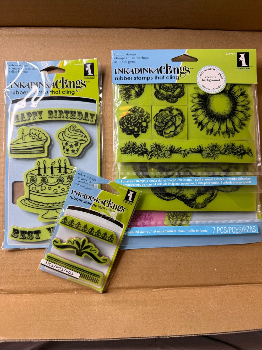 InkadinkaClings lot of 3 brand new rubber stamp sets - Birthday, floral, accent